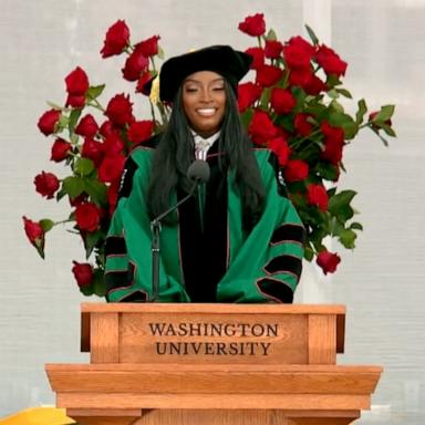 PHOTO: Simone Biles addresses the Washington University class of 2025 during their commencement, May 12, 2025.