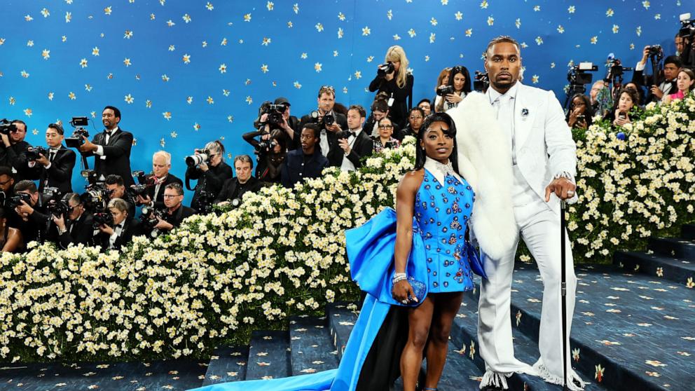 PHOTO: Simone Biles and Jonathan Owens attend the 2025 Met Gala Celebrating "Superfine: Tailoring Black Style" at Metropolitan Museum of Art on May 05, 2025 in New York City.