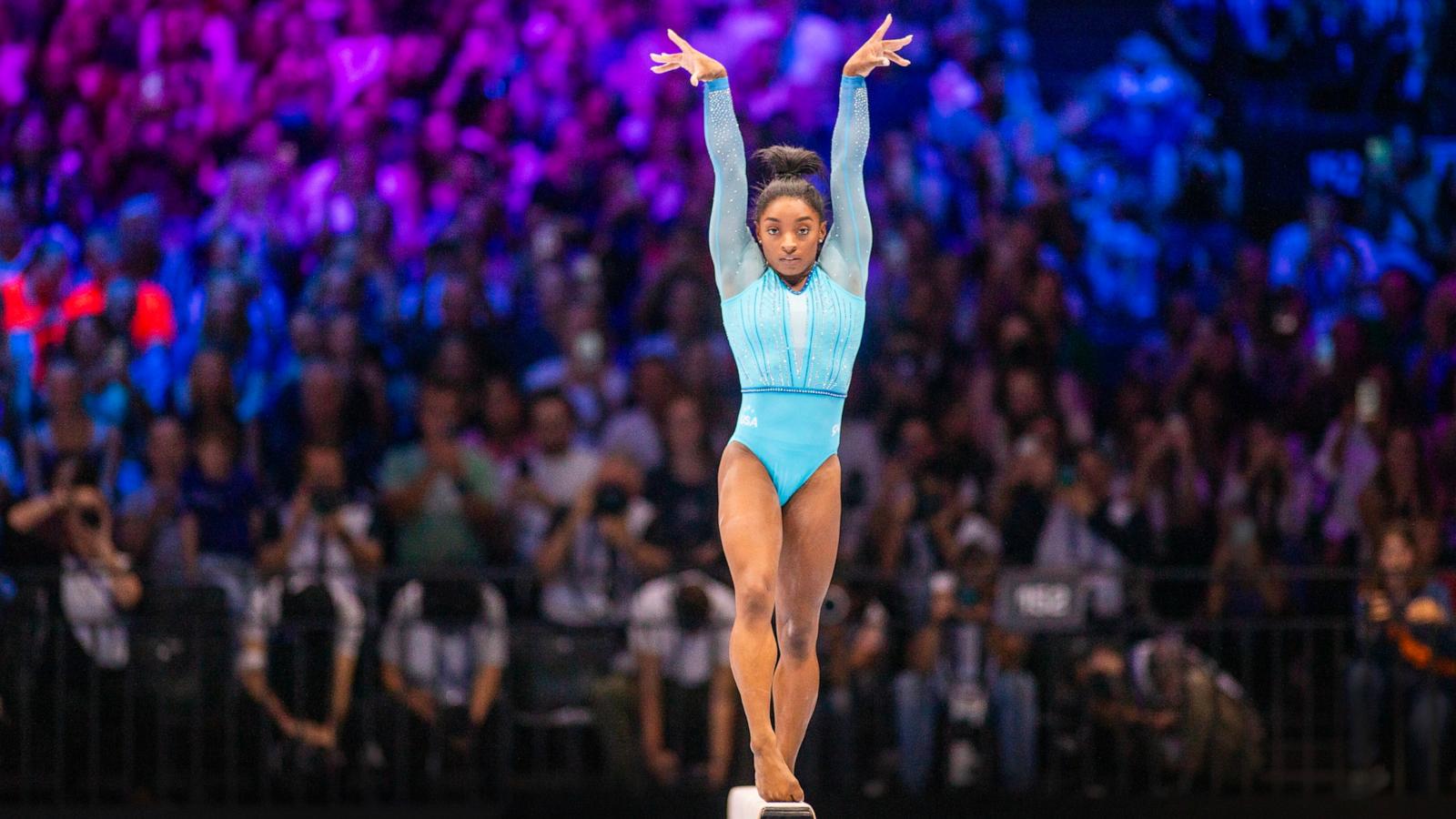 PHOTO: In this Oct. 1, 2023, file photo, Simone Biles performs her routine on the balance beam during Women's Qualification at the Artistic Gymnastics World Championships-Antwerp 2023, in Antwerp, Belgium.