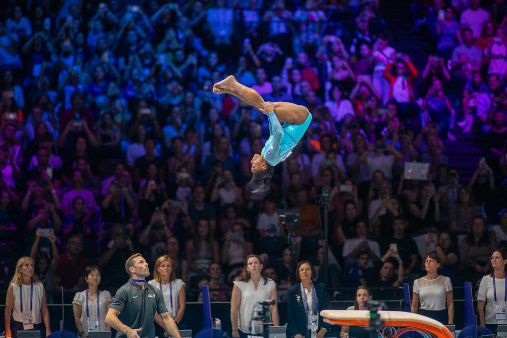 PHOTO: In this Oct. 1, 2023, file photo, Simone Biles performs her Yurchenko double pike vault during Women's Qualification at the Artistic Gymnastics World Championships-Antwerp 2023, in Antwerp, Belgium.