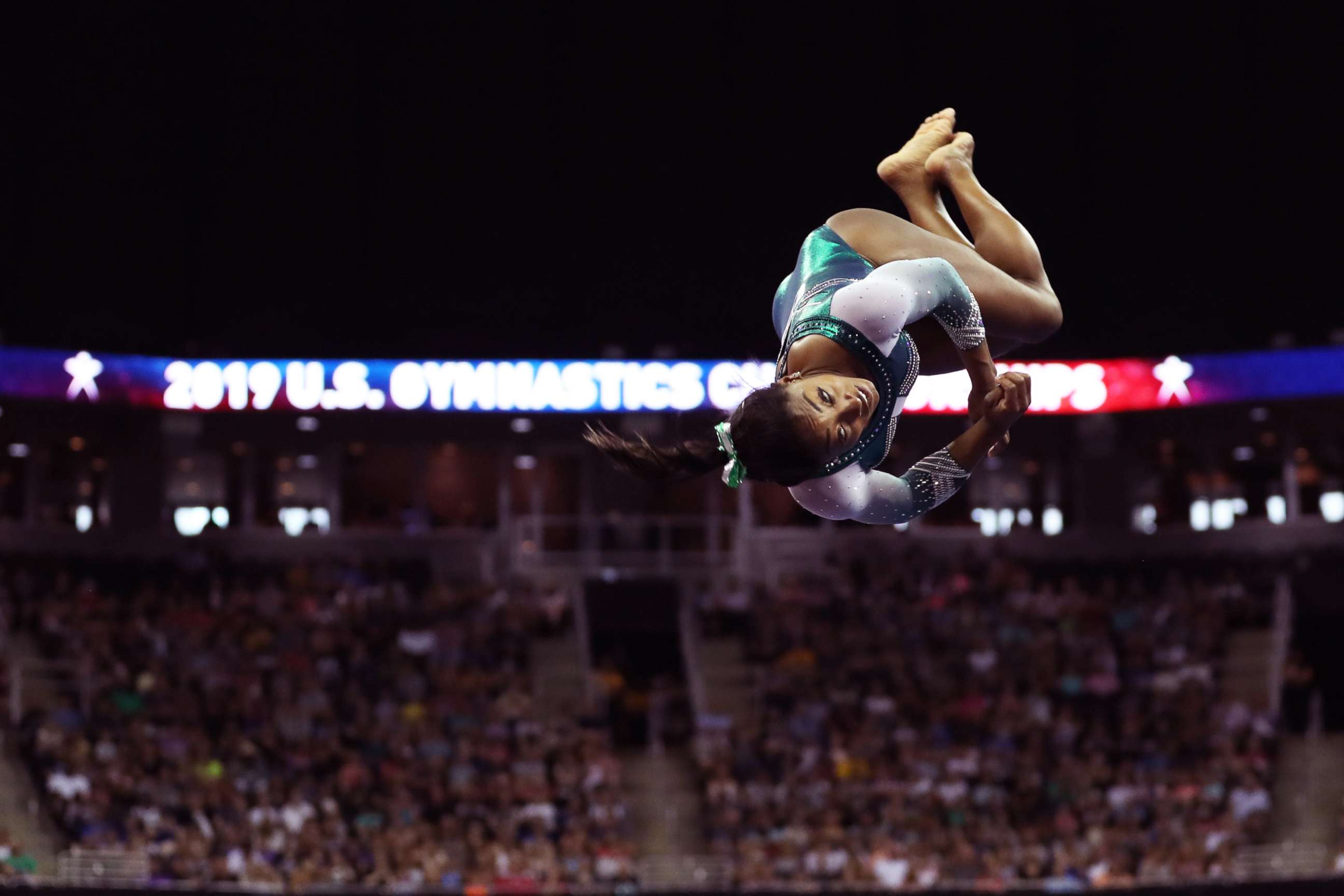 PHOTO: Gymnast Simone Biles competes during day one of the senior women's competition at the 2019 US Gymnastics Championships, held in Kansas City, MO., August 9, 2019.