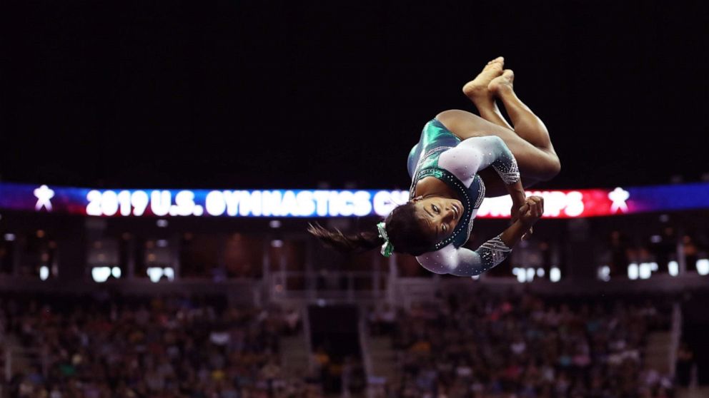 PHOTO: Gymnast Simone Biles competes during day one of the senior women's competition at the 2019 US Gymnastics Championships, held in Kansas City, MO., August 9, 2019.