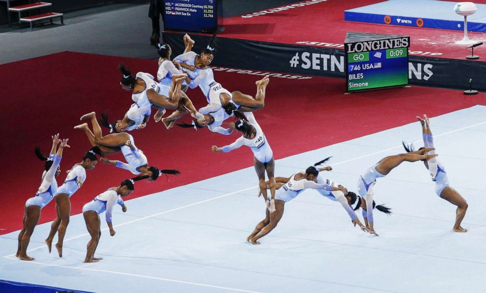 PHOTO: Composite photo shows Simone Biles of the United States executing a triple double composed of a double backflip with three twists on the floor exercise at the artistic world championships in Stuttgart, Germany, on Oct. 5, 2019.