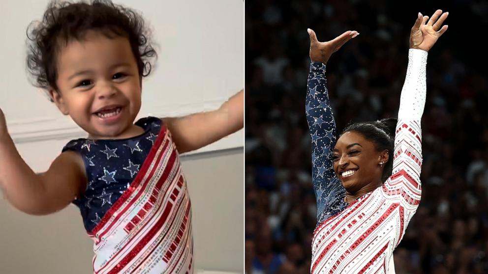 PHOTO: In this split image, Simone Biles’ niece Ronni Biles is seen in matching leotard as her aunt in a video shared by her parents on Instagram.