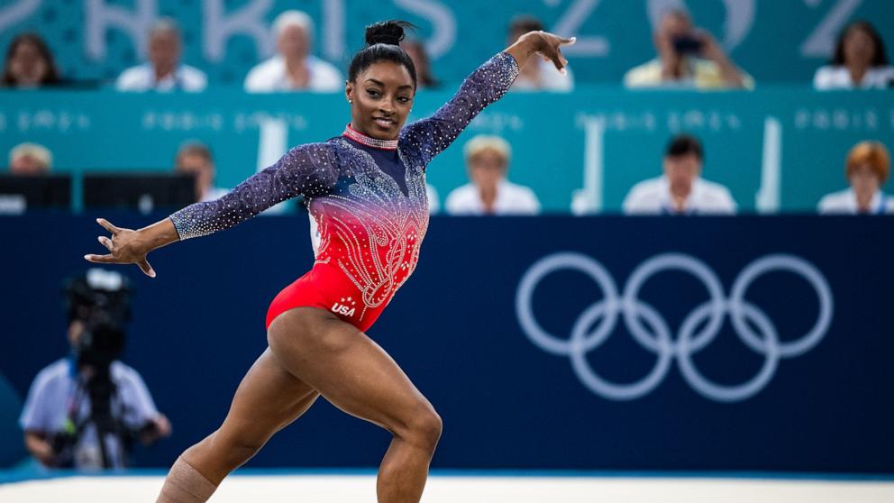 PHOTO: Simone Biles of Team United States in action Artistic Gymnastics Women's Floor Exercise Final on day ten of the Olympic Games Paris 2024 at the Bercy Arena on August 5, 2024 in Paris, France.