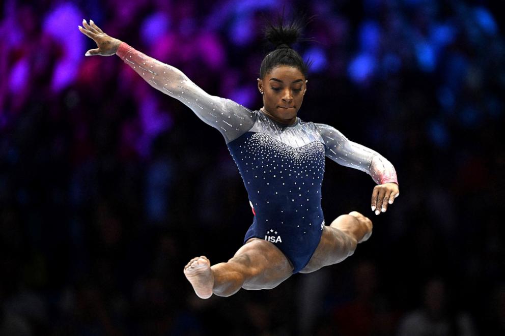 PHOTO: In this Oct. 4, 2023, file photo, Simone Biles competes on the Balance Beam in the Women's Team Final during the 52nd FIG Artistic Gymnastics World Championships, in Antwerp, Belgium.