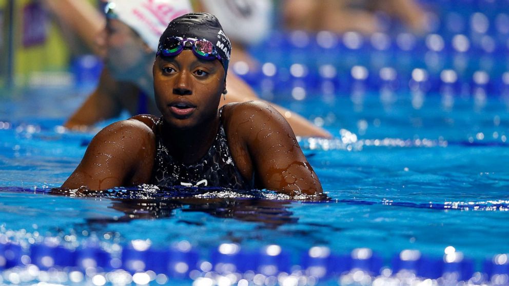 PHOTO: Simone Manuel reacts after competing in a preliminary heat for the Women's 50m freestyle during the 2021 U.S. Olympic team swimming trials at CHI Health Center, June 19, 2021, in Omaha, Nebraska.