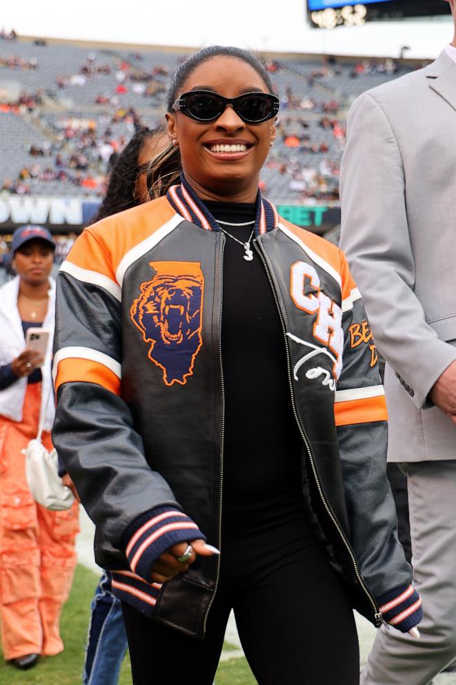 PHOTO: Simone Biles looks on prior to a game between the Chicago Bears and the Green Bay Packers at Soldier Field on Nov. 17, 2024 in Chicago.