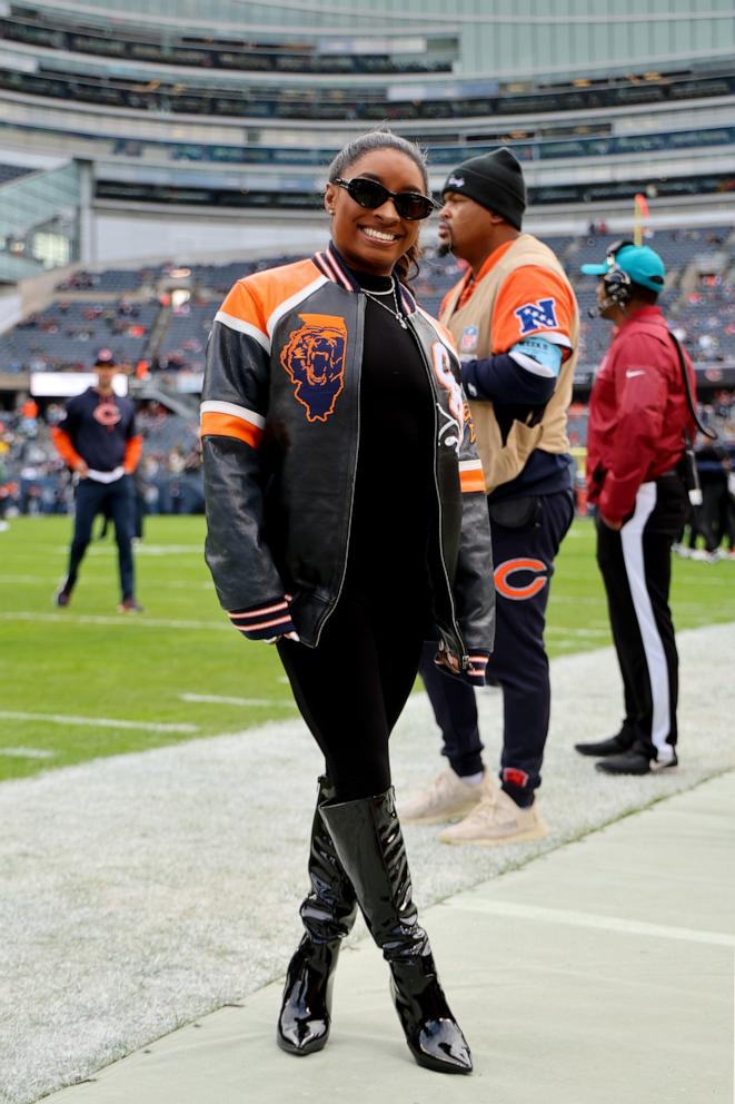 PHOTO: Simone Biles poses for a photo prior to a game between the Chicago Bears and the Green Bay Packers at Soldier Field on Nov. 17, 2024 in Chicago.