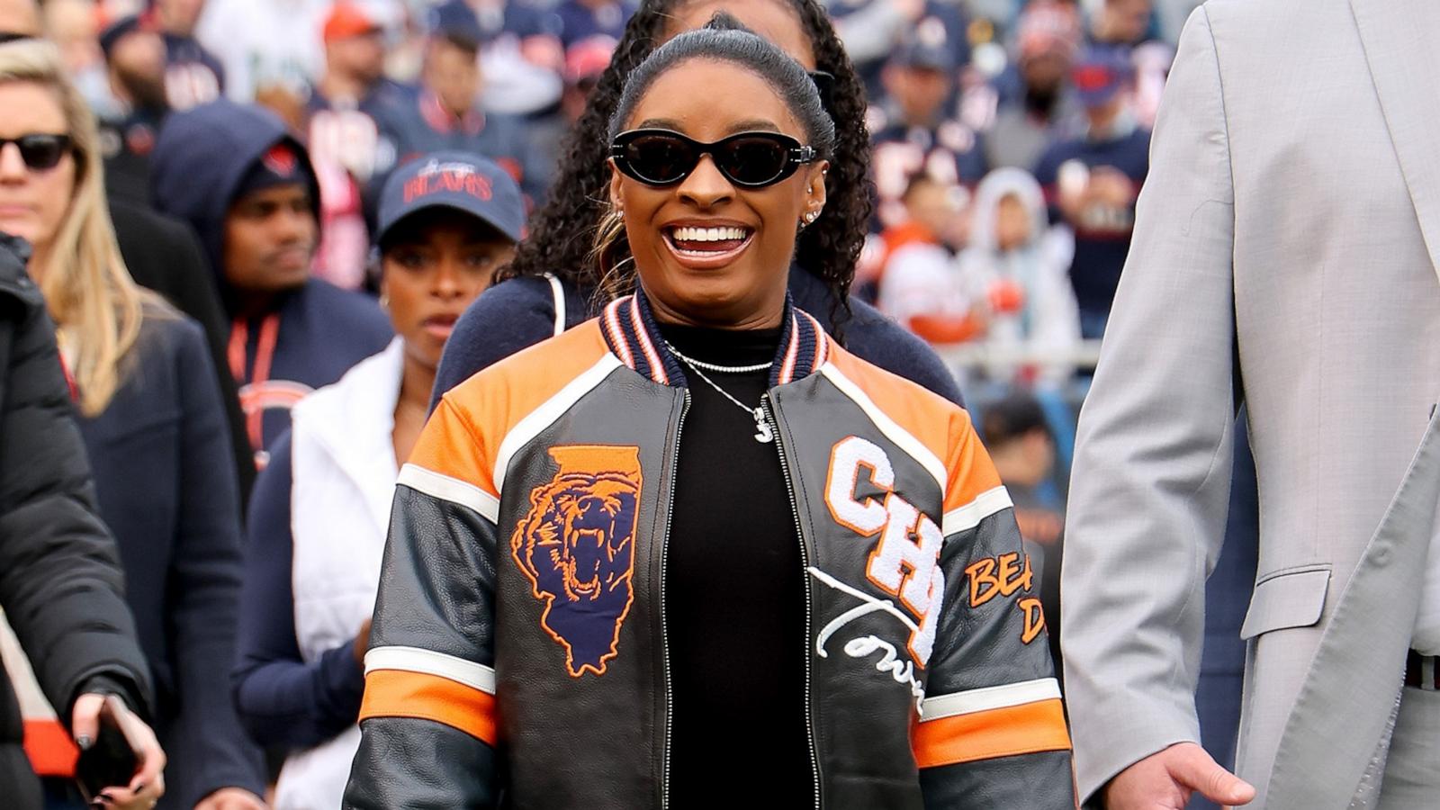 PHOTO: Simone Biles looks on prior to a game between the Chicago Bears and the Green Bay Packers at Soldier Field on Nov. 17, 2024 in Chicago.