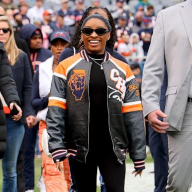 PHOTO: Simone Biles looks on prior to a game between the Chicago Bears and the Green Bay Packers at Soldier Field on Nov. 17, 2024 in Chicago.