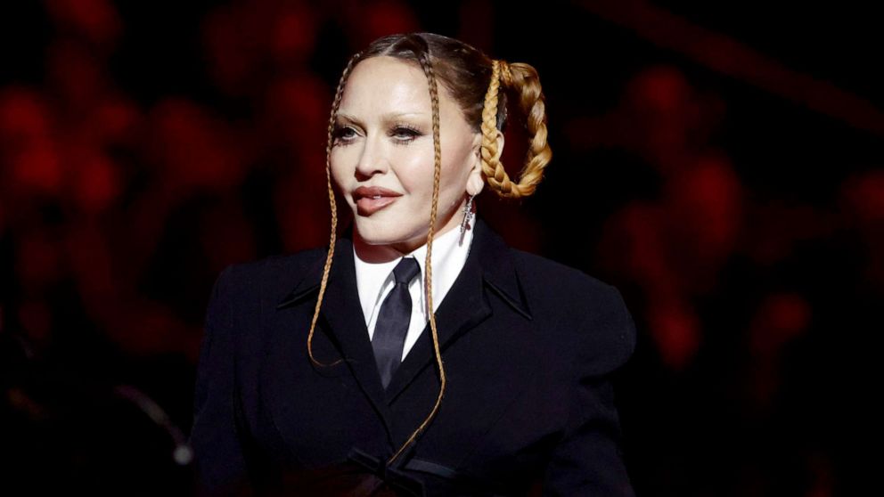 PHOTO: In this Feb. 5, 2023, file photo, Madonna speaks onstage during the 65th GRAMMY Awards in Los Angeles.