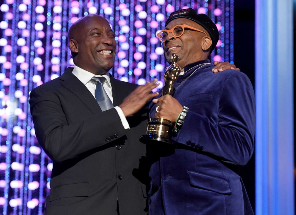 PHOTO: John Singleton and Spike Lee, honorary Oscar recipient, pose onstage at the Governors Awards in Los Angeles, Nov. 14, 2015.