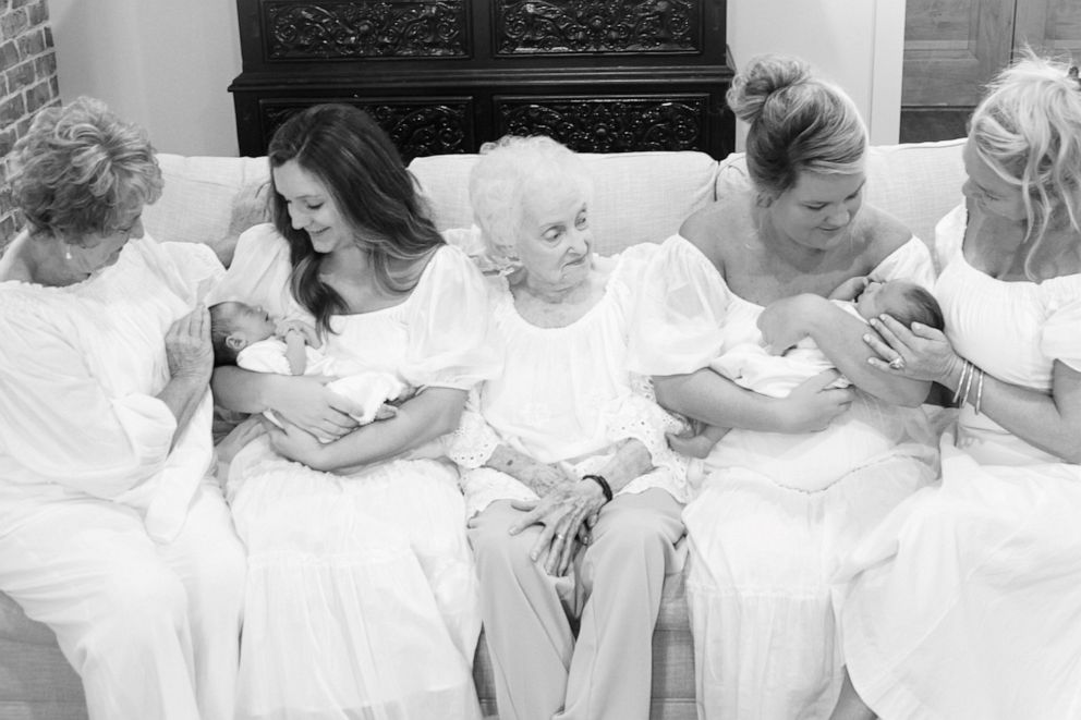 PHOTO: Sisters Brooke Dueringer and Ali White hold their newborn daughters as they pose with their mother, grandmother and great-grandmother.

