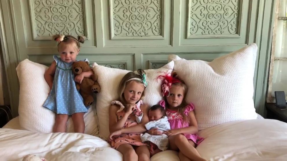 PHOTO: Sisters Addison 5, Kennedy, 4, and Cora, 2, greeted newborn Brock on April 18, one day after he was born.