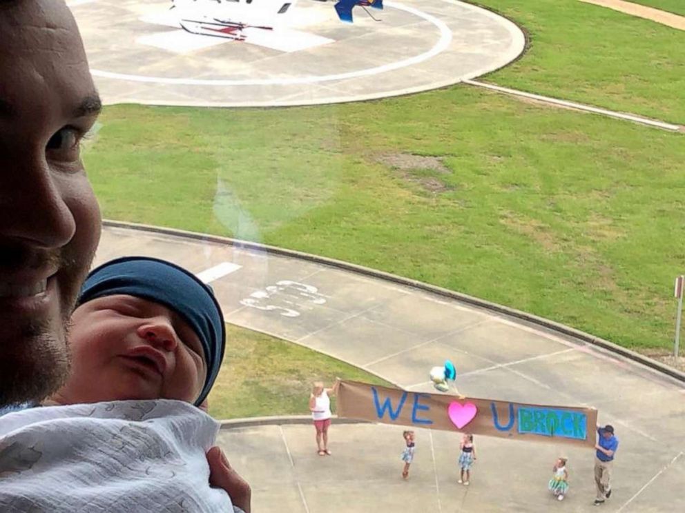 PHOTO: Sisters Addison 5, Kennedy, 4, and Cora, 2, greeted newborn Brock on April 18, one day after he was born.