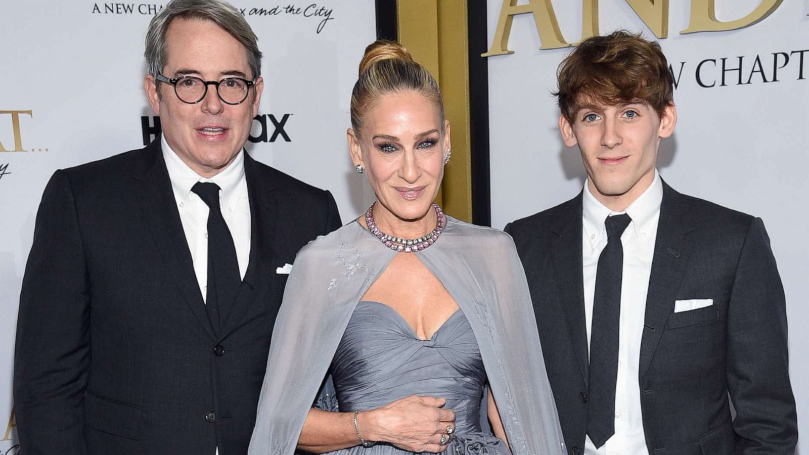 PHOTO: Sarah Jessica Parker, center, Matthew Broderick, left, and their son James Wilkie Broderick, right, attend the premiere of HBO's "And Just Like That" at the Museum of Modern Art, Dec. 8, 2021, in New York.