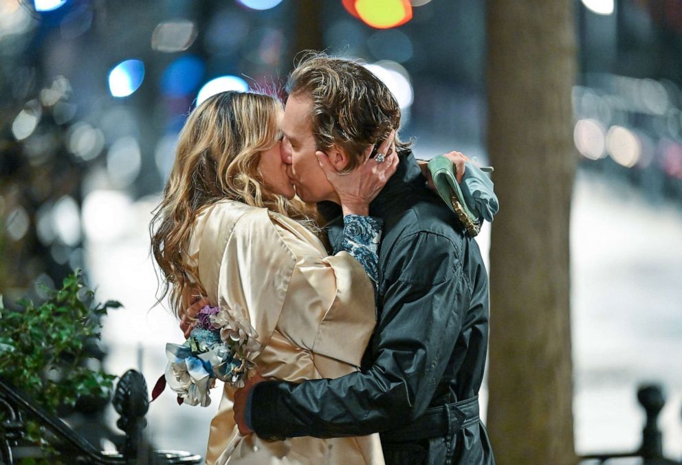 PHOTO: Sarah Jessica Parker and John Corbett are seen on the set of "And Just Like That..." Season 2 the follow up series to "Sex and the City" in the West Village on Feb. 9, 2023 in New York City.