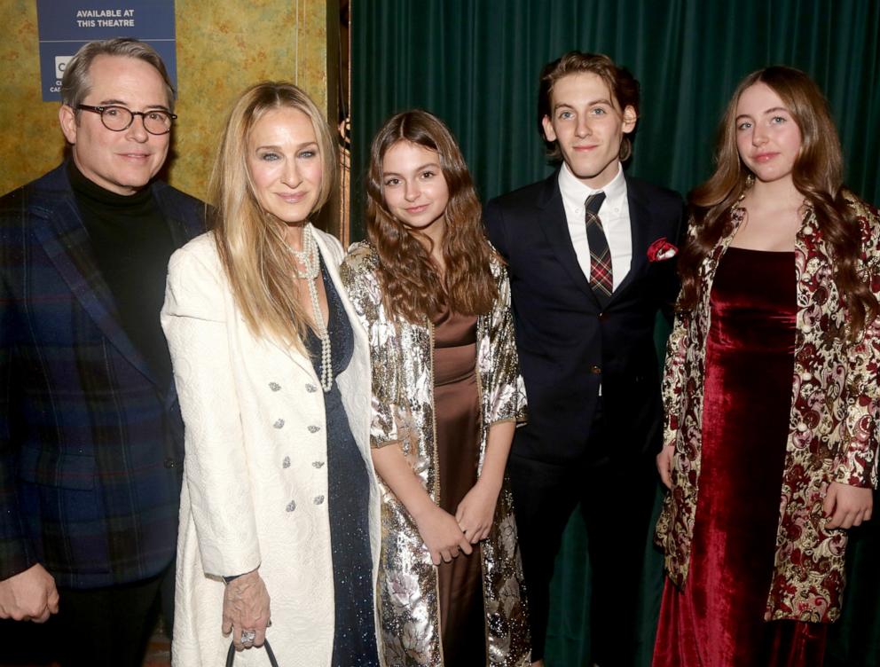 PHOTO: Matthew Broderick, Sarah Jessica Parker and their family pose at the opening night of the new musical "Some Like It Hot!" on Broadway at The Shubert Theatre on Dec. 11, 2022 in New York City.