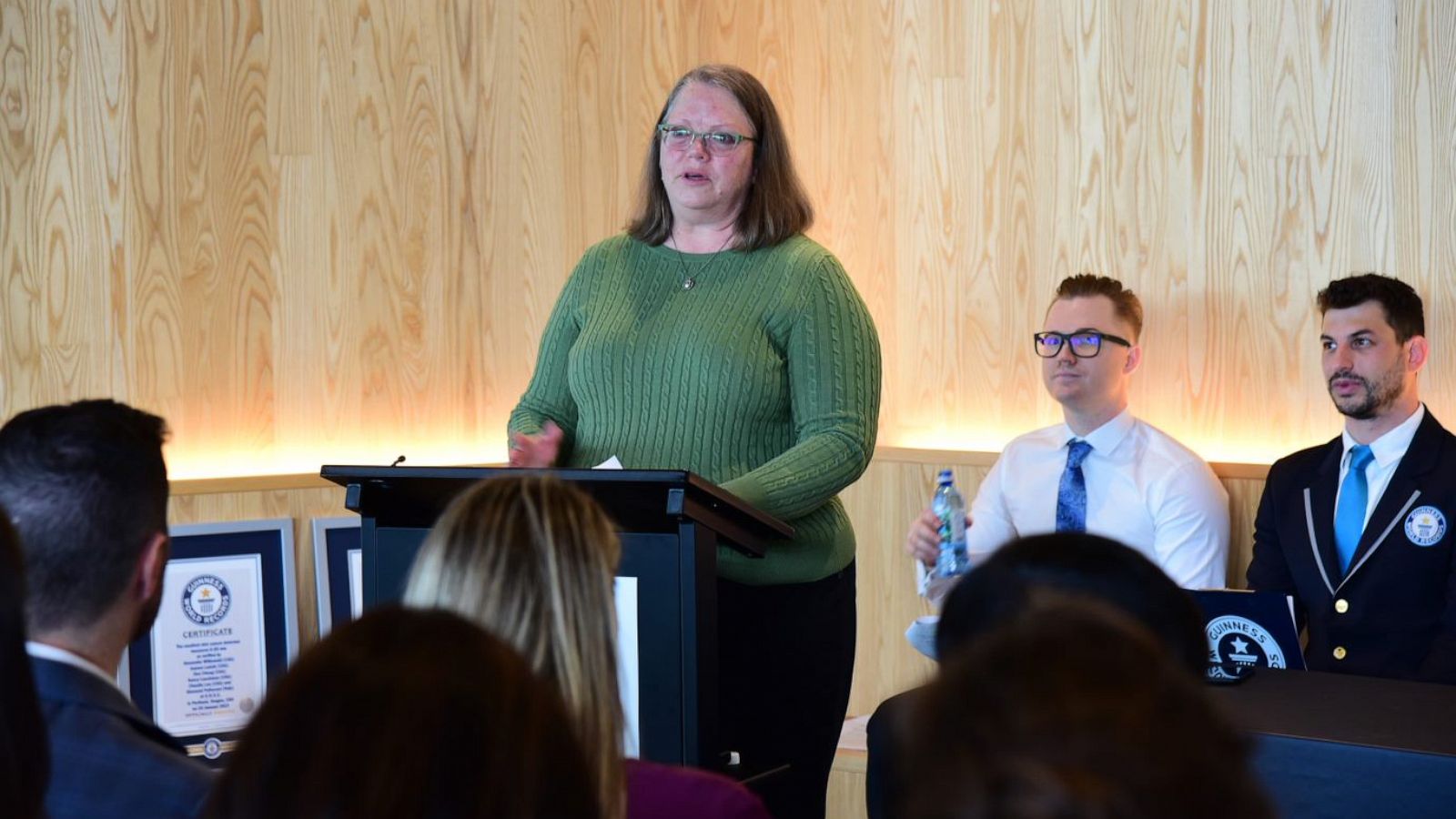 PHOTO: Christy Staats speaks at the Guinness World Records ceremony at Oregon Health & Science University on May 1, 2023.