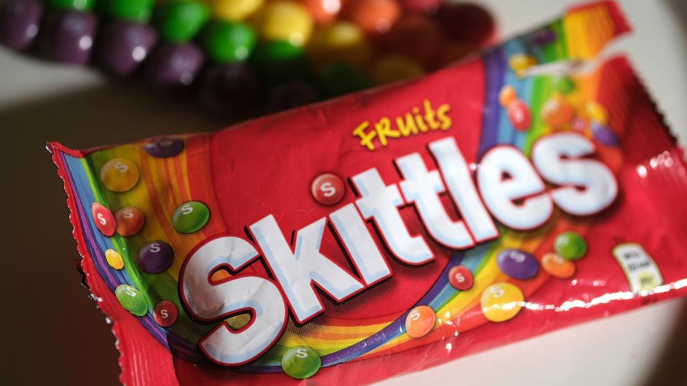 PHOTO: In this My 19, 2020, file photo, a package of Skittles, a fruit-flavored candy, produced by Wrigley Company, a division of Mars, Inc., is shown.