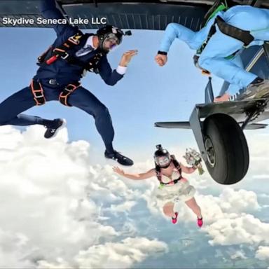 PHOTO: Professional skydivers Mike Missroon and Megan Walsh kicked off their wedding ceremony by skydiving with their bridal party.
