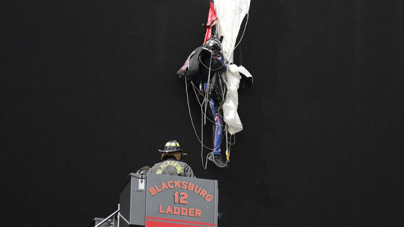 PHOTO: Blacksburg Volunteer Fire Department rescue a skydiver who crashed into the scoreboard at Lane Stadium in Blacksburg, VA on April 18, 2026.