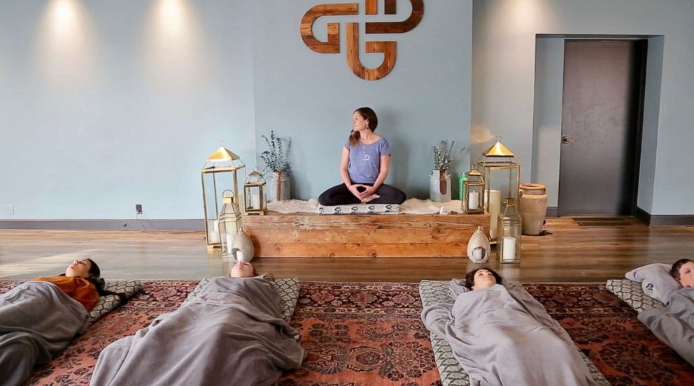 PHOTO: Hilary Jackendoff teaches a sleep yoga class at The DEN Meditation in Los Angeles, California, on November 13, 2019.