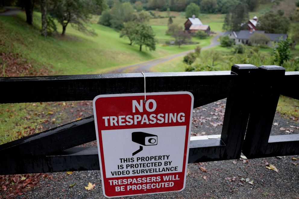 PHOTO: A sign reading "No Trespassing" is posted on a gate blocking the driveway to Sleepy Hollow Farm, Sept. 13, 2023, in Pomfret, Vt.