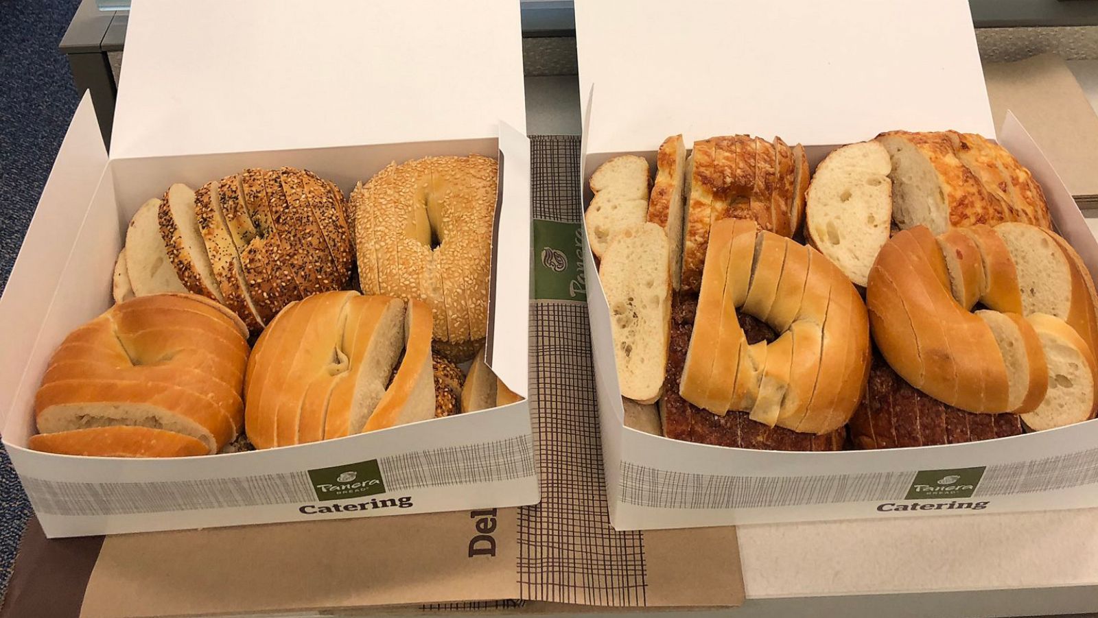 PHOTO: Twitter user Alek Krautmann shared a photo of two boxes of bagels sliced vertically that went viral.