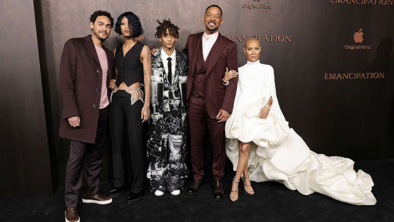 PHOTO: Trey Smith, Willow Smith, Jaden Smith, Will Smith, and Jada Pinkett Smith attend the premiere of Apple Original Films' "Emancipation" at Regency Village Theatre, Nov.30, 2022, in Los Angeles.