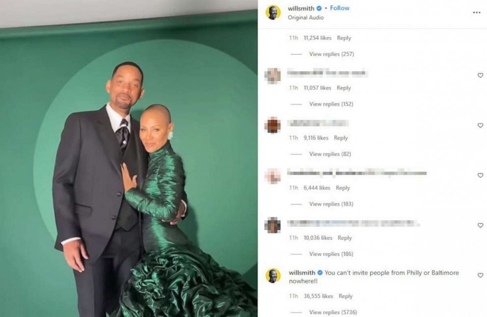 PHOTO: Will Smith and Jada Pinkett Smith in a grab from a video Will Smith posted  to his Instagram account, March 27, 2022.
