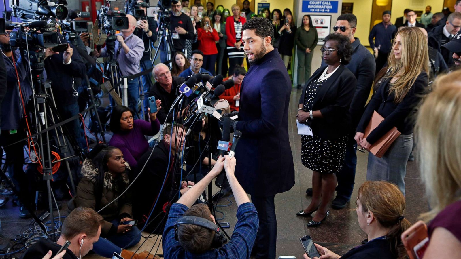 PHOTO: Actor Jussie Smollett speaks with members of the media after his court appearance at Leighton Courthouse on March 26, 2019 in Chicago, after all charges were dropped against the actor.