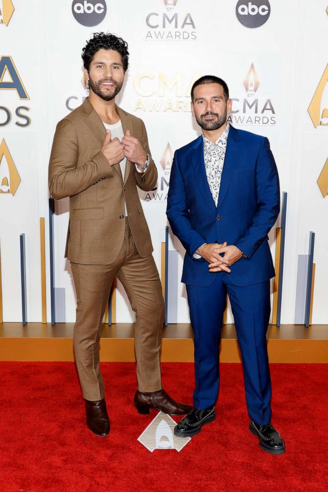 PHOTO: (L-R) Dan Smyers and Shay Mooney of Dan + Shay attend the 57th Annual CMA Awards at Bridgestone Arena on Nov. 08, 2023 in Nashville, Tenn.