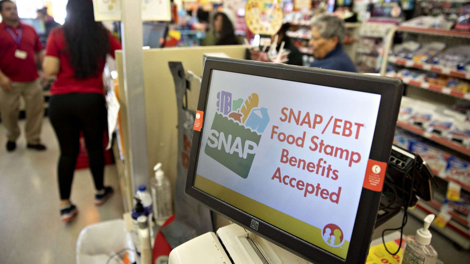 PHOTO: "SNAP/EBT Food Stamp Benefits Accepted" is displayed on a screen inside a Family Dollar Stores Inc. store in Chicago, March 3, 2020.