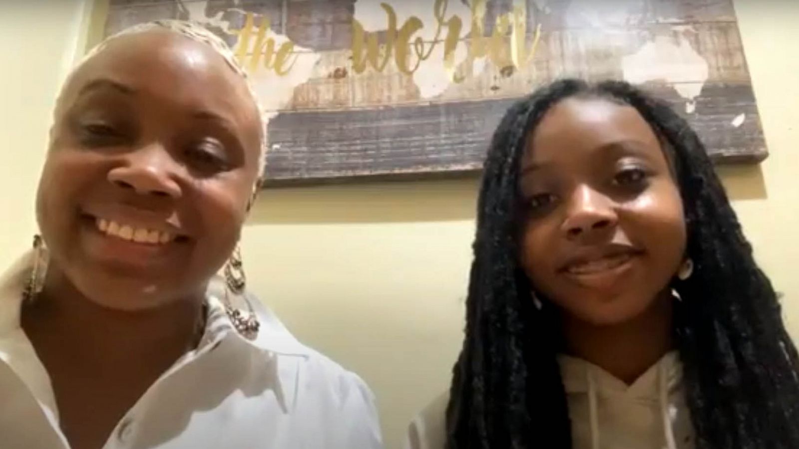 PHOTO: Amira-Dior Traynham-Artis (R), the 14-year-old creator of a shoe line called Lane 1, is seen in an interview with her mother about presenting her sneakers at a celebrity gift suite prior to the Oscars.