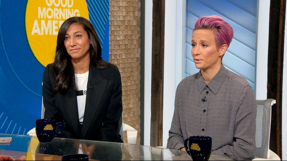PHOTO: USWNT stars Megan Rapinoe and Christen Press speak out on "Good Morning America" about the end of mediation in their fight for equal pay.