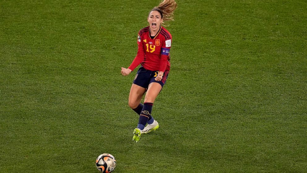 PHOTO: Spain's Olga Carmona celebrates after scoring a goal during the Women's World Cup soccer final between Spain and England at Stadium Australia in Sydney, Aug. 20, 2023.