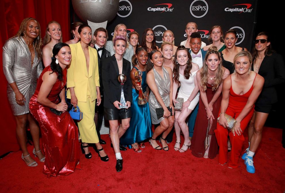 PHOTO: Members of the United States Women's National Soccer Team, winners of the Best Team award, pose during The 2019 ESPYs at Microsoft Theater, July 10, 2019, in Los Angeles.