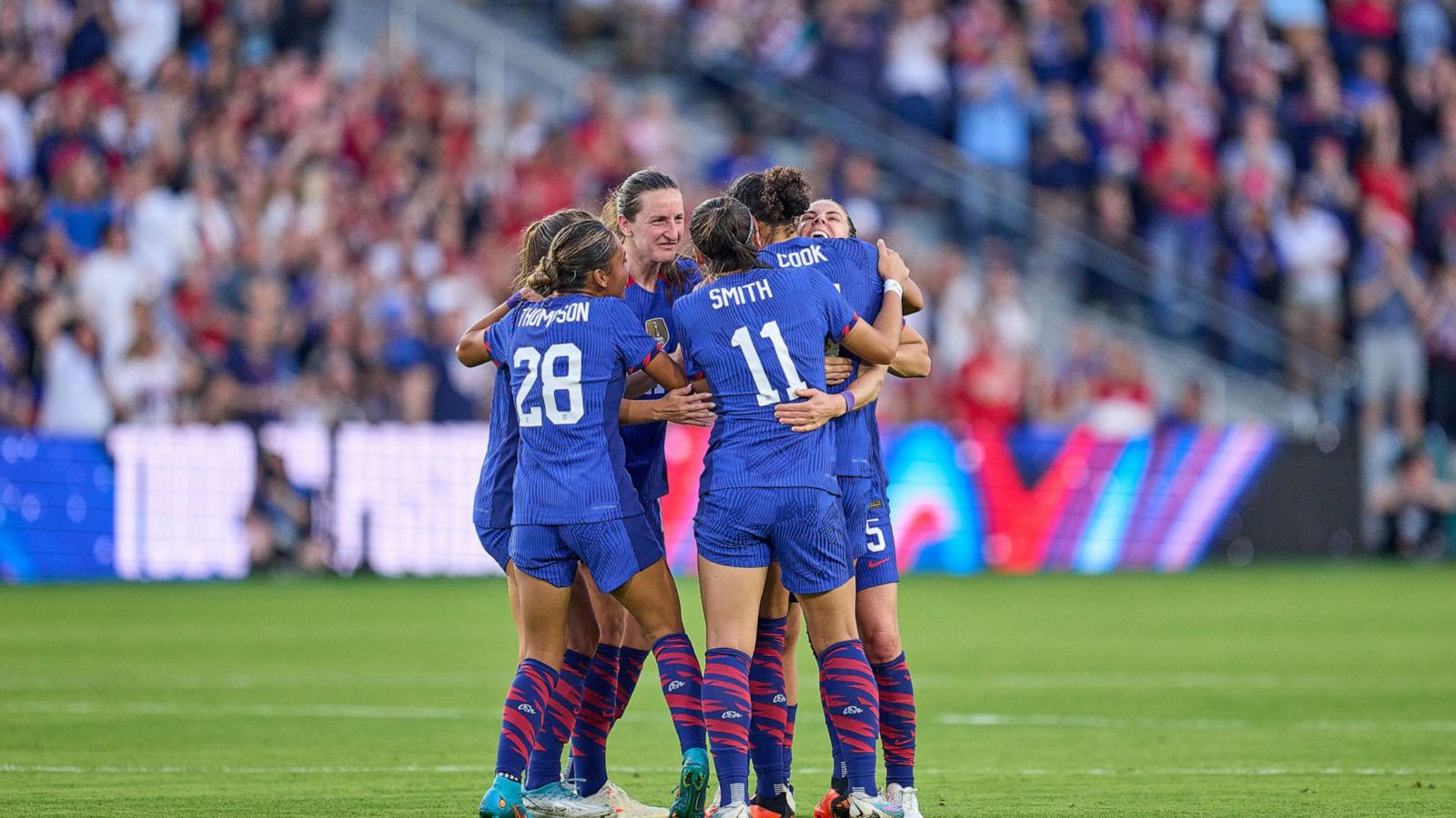 PHOTO: Kelley OHara celebrates with team mates during an international friendly game between Ireland and United States at CITYPARK on April 11, 2023 in St. Louis, Mo.