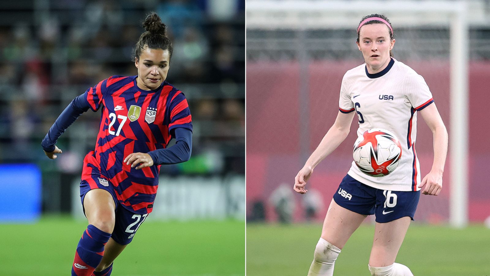 PHOTO: Sophia Smith #27 of United States against Korea Republic, Oct. 26, 2021, in St Paul, Minn. Rose Lavelle #16 of Team United States runs with the ball on day ten of the Tokyo Olympic Games, Aug. 2, 2021 in Kashima, Ibaraki, Japan.