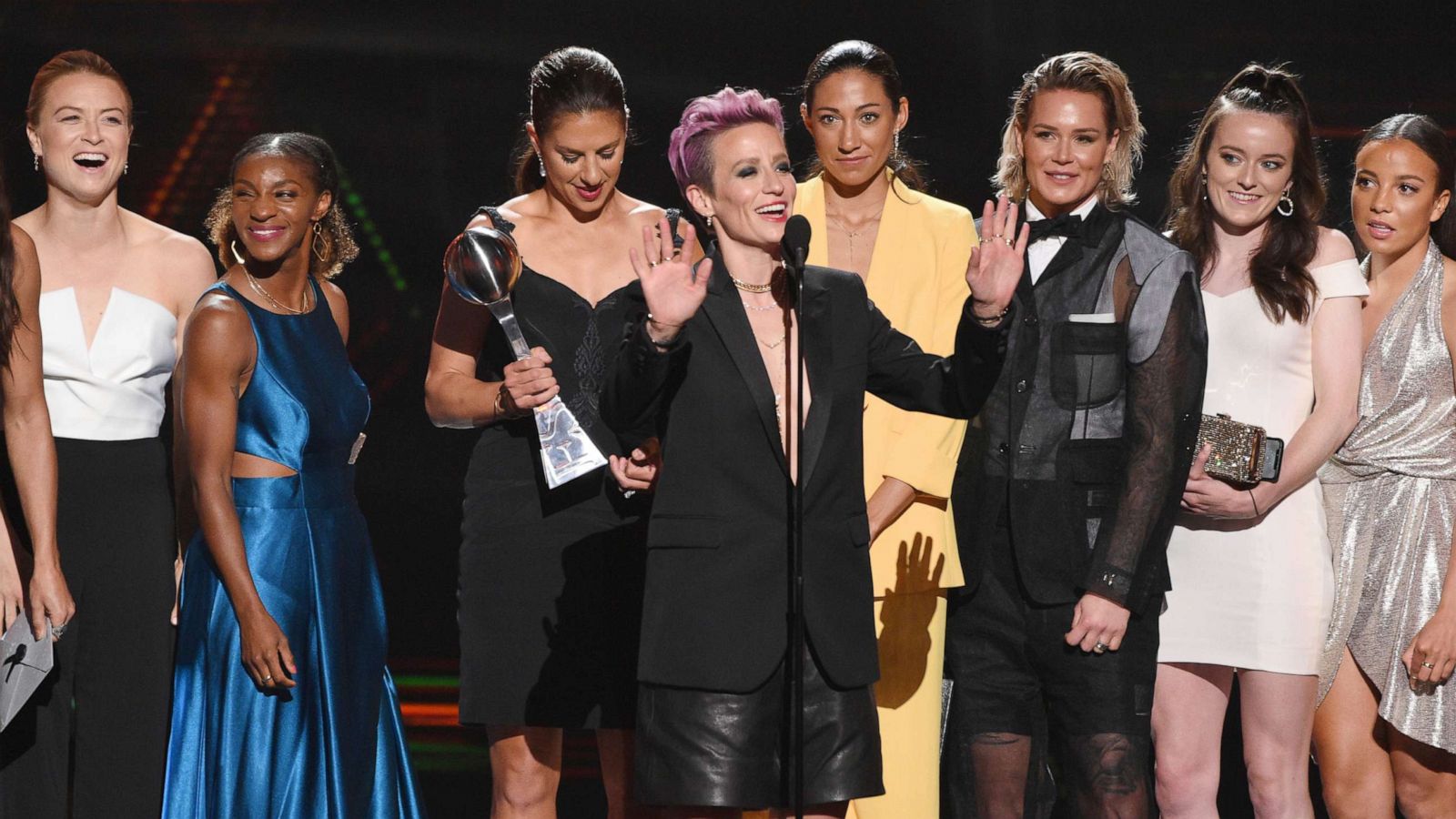 PHOTO: Megan Rapinoe, center, and members of the U.S. women's national soccer team accept the award for best team at the ESPY Awards, July 10, 2019, at the Microsoft Theater in Los Angeles.