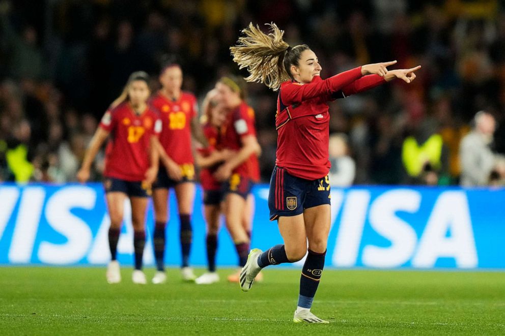 PHOTO: Spain's Olga Carmona celebrates after scoring the opening goal during the final of Women's World Cup soccer between Spain and England at Stadium Australia in Sydney, Aug. 20, 2023.