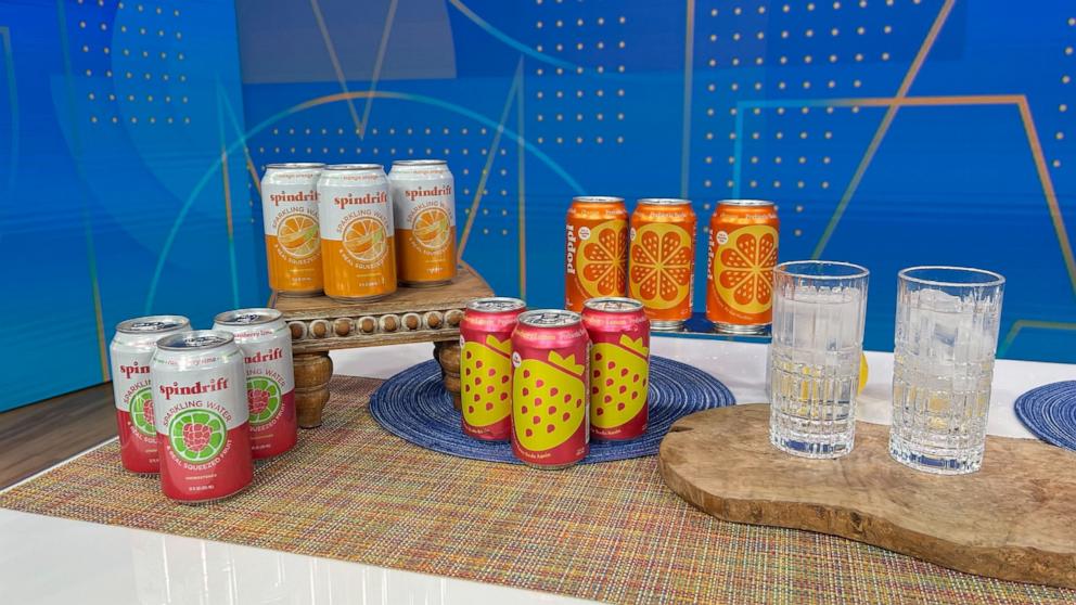 PHOTO: A lineup of juice sodas and seltzers on the set of "Good Morning America," on April 10, 2024.