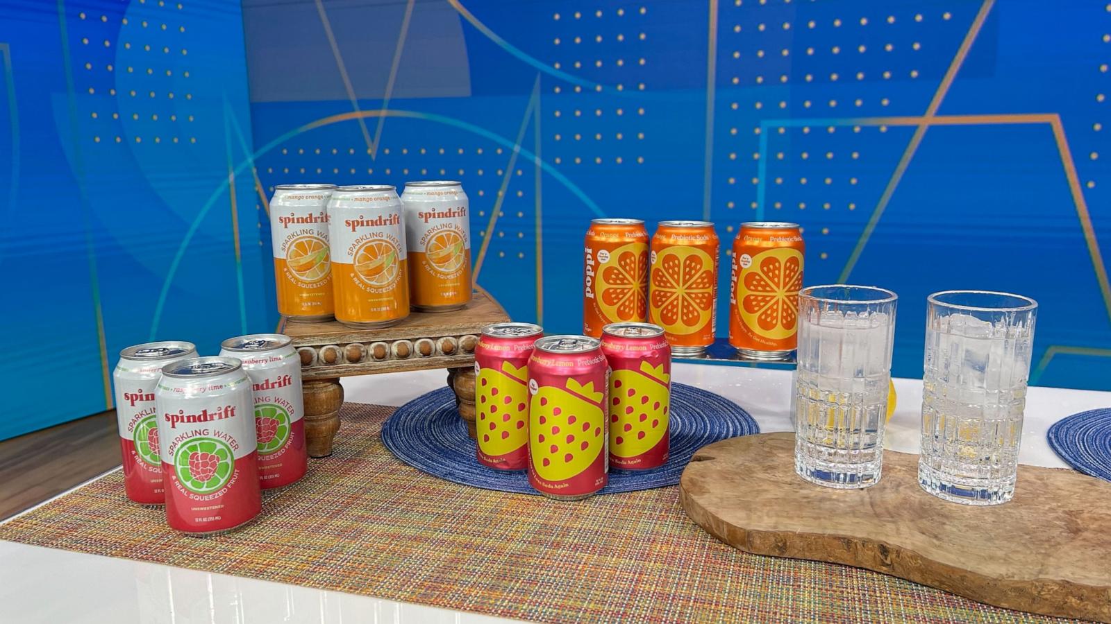 PHOTO: A lineup of juice sodas and seltzers on the set of "Good Morning America," on April 10, 2024.