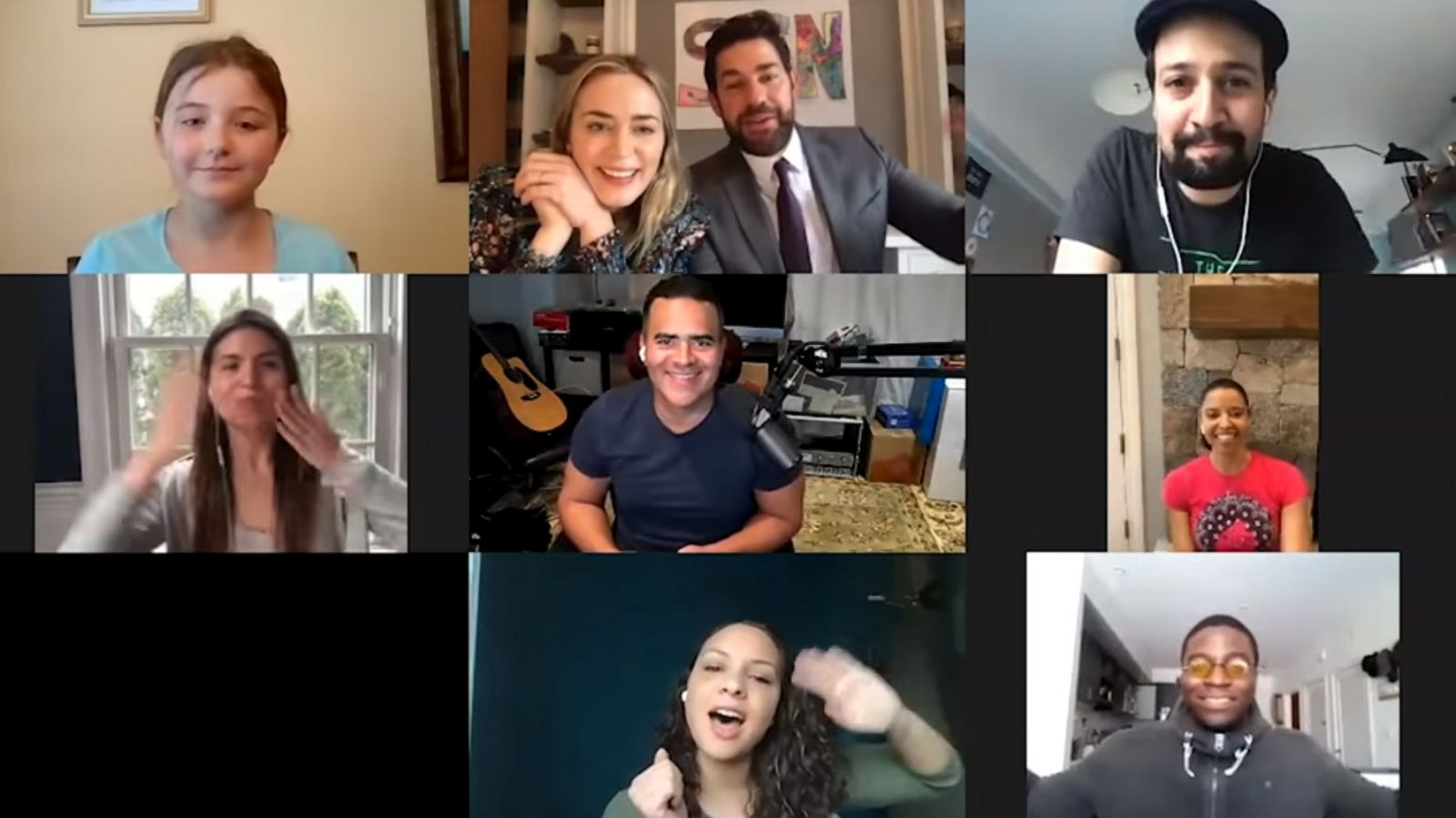 PHOTO: John Krasinski and Emily Blunt are joined by Lin-Manuel Miranda and other cast members from the Broadway hit "Hamilton" on Krasinski's "Some Good News" program posted to YouTube on April 5, 2020.