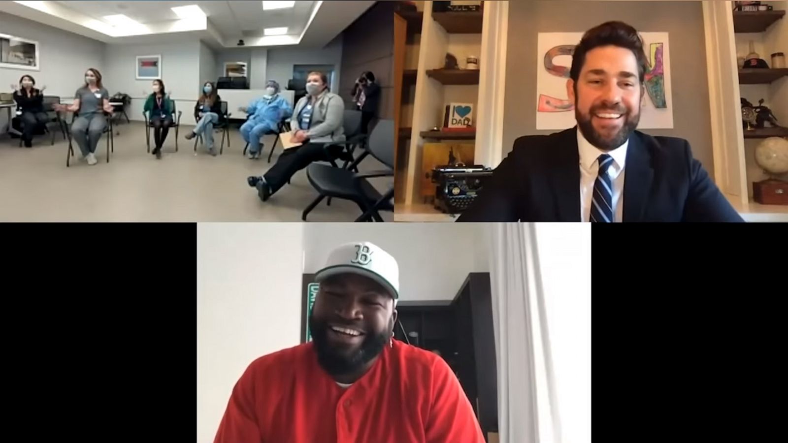 PHOTO: Former Boston Red Sox player David Ortiz talks to medical workers from Beth Israel Deaconess Medical Center while making a guest appearance on John Krasinski's "Some Good News" video posted to YouTube on April 12, 2020.