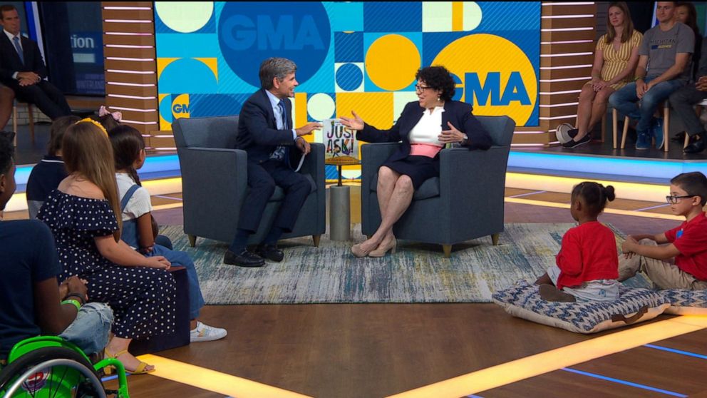 PHOTO: Supreme Court Justice Sonia Sotomayor talks to George Stephanopoulos about her new children's book on "Good Morning America," in New York, Sept. 3, 2019.