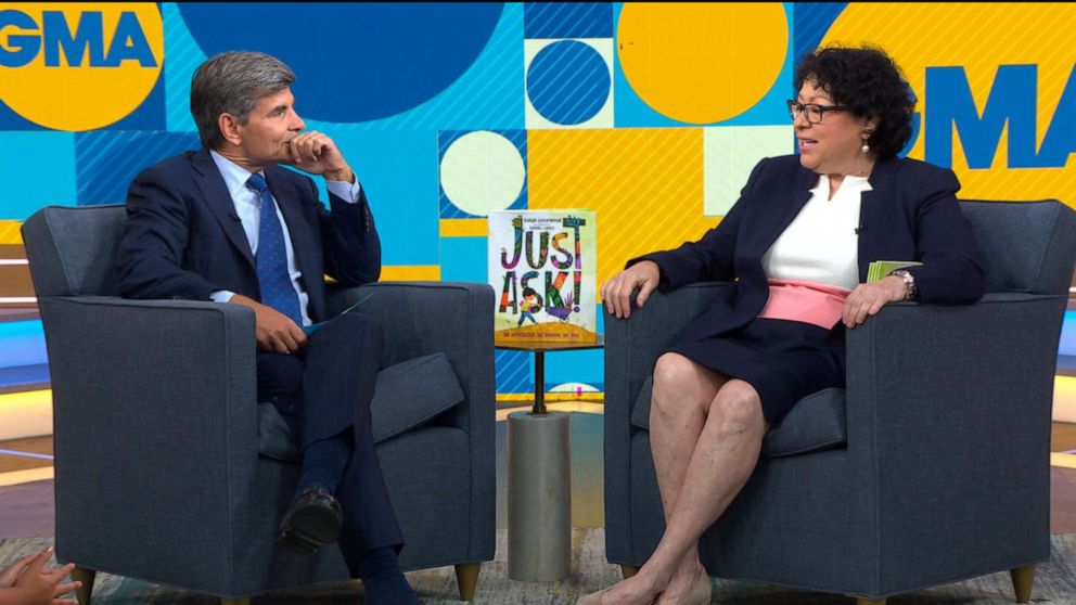 PHOTO: Supreme Court Justice Sonia Sotomayor talks to George Stephanopoulos about her new children's book on "Good Morning America," in New York, Sept. 3, 2019.