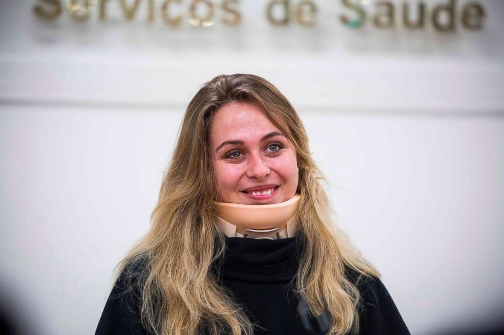 PHOTO: German F3 racing driver Sophia Floersch attends a press conference at a hospital in Macau to discuss her injuiries and recovery before flying home, Nov. 26, 2018.